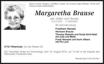 Traueranzeige von Margaretha Brause von KREISZEITUNG SYKE