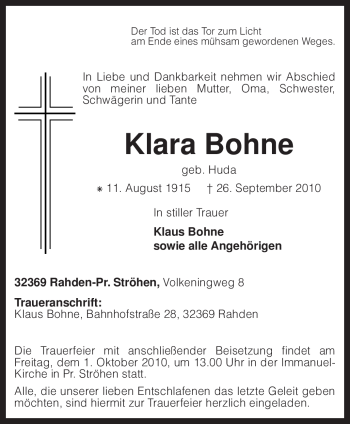 Traueranzeige von Klara Bohne von KREISZEITUNG SYKE