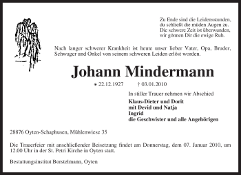 Traueranzeige von Johann Mindermann von KREISZEITUNG SYKE