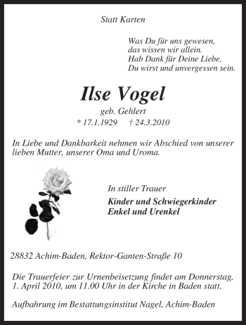 Traueranzeige von Ilse Vogel von KREISZEITUNG SYKE