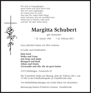 Traueranzeige von Margitta Schubert von KREISZEITUNG SYKE