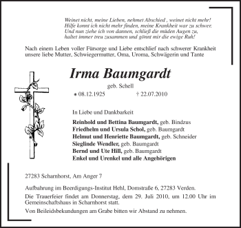 Traueranzeige von Irma Baumgardt von KREISZEITUNG SYKE