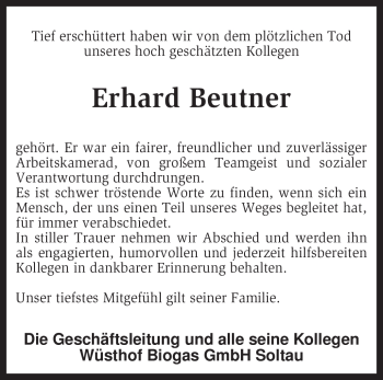 Traueranzeige von Erhard Beutner von KREISZEITUNG SYKE