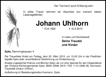 Traueranzeige von Johann Uhlhorn von KRZ