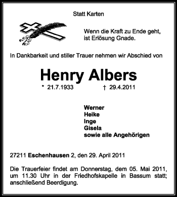 Traueranzeige von Henry Albers von KREISZEITUNG SYKE