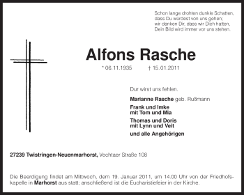 Traueranzeige von Alfons Rasche von KREISZEITUNG SYKE