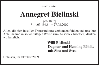 Traueranzeige von Annegret Bielinski von KREISZEITUNG SYKE