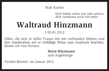 Traueranzeige von Waltraud Hinzmann von KREISZEITUNG SYKE