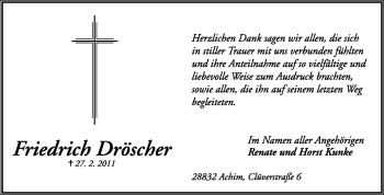 Traueranzeige von Friedrich Dröscher von KREISZEITUNG SYKE