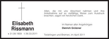 Traueranzeige von Elisabeth Rissmann von KREISZEITUNG SYKE