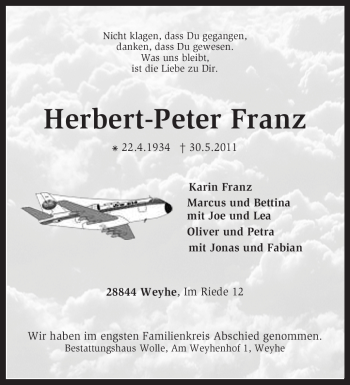 Traueranzeige von Herbert-Peter Franz von KREISZEITUNG SYKE