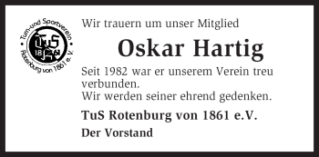 Traueranzeige von Oskar Hartig von KREISZEITUNG SYKE