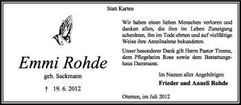 Traueranzeige von Emmi Rohde von KREISZEITUNG SYKE