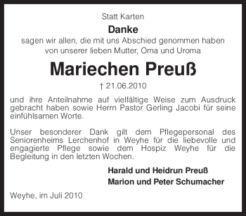 Traueranzeige von Mariechen Preuß von KREISZEITUNG SYKE