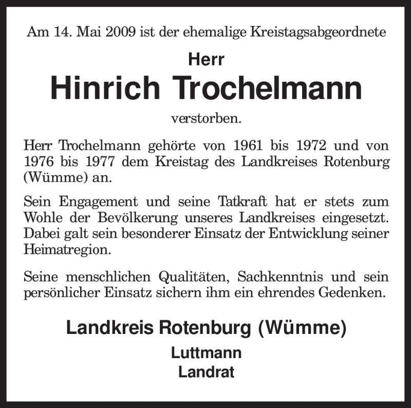  Traueranzeige für Hinrich Trochelmann vom 20.05.2009 aus KREISZEITUNG SYKE
