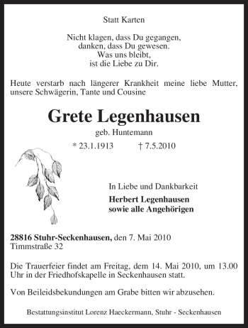 Traueranzeige von Grete Legenhausen von KREISZEITUNG SYKE