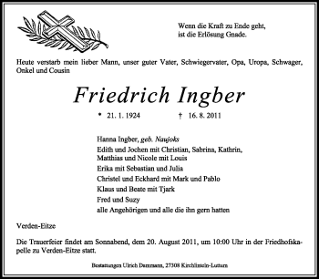 Traueranzeige von Friedrich Ingber von KREISZEITUNG SYKE