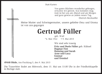 Traueranzeige von Gertrud Füller von KRZ