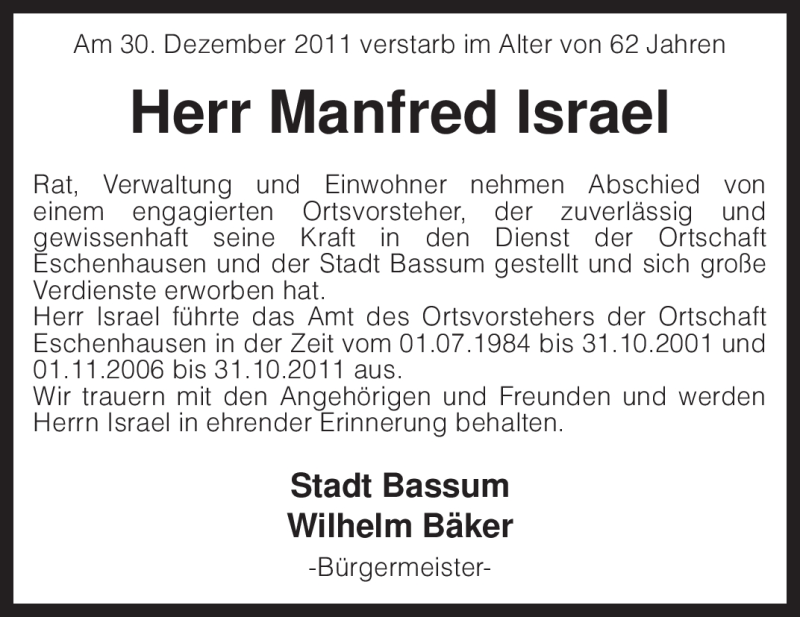  Traueranzeige für Manfred Israel vom 03.01.2012 aus KREISZEITUNG SYKE