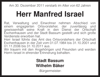 Traueranzeige von Manfred Israel von KREISZEITUNG SYKE