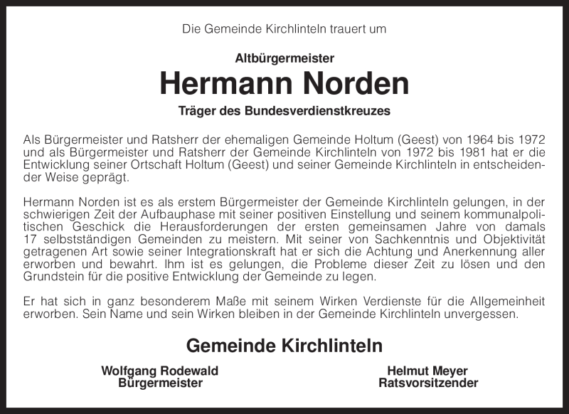  Traueranzeige für Hermann Norden vom 18.08.2009 aus KREISZEITUNG SYKE