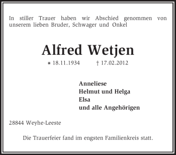 Traueranzeige von Alfred Wetjen von KREISZEITUNG SYKE