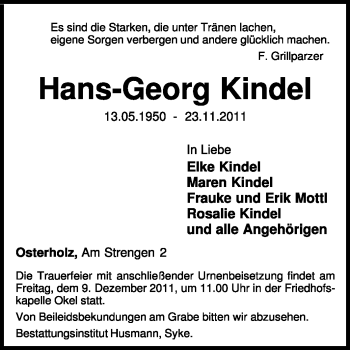 Traueranzeige von Hans-Georg Kindel von KREISZEITUNG SYKE