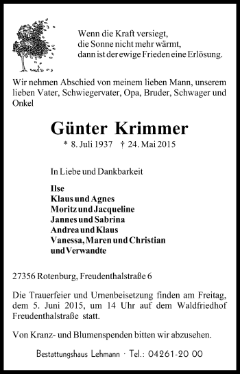 Traueranzeige von Günter Krimmer von KRZ
