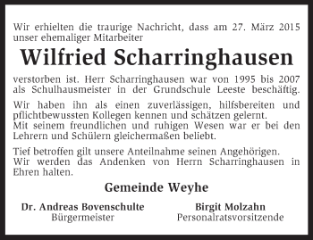 Traueranzeige von Wilfried Scharringhausen von KRZ