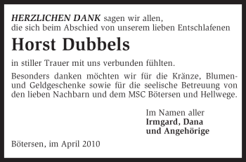 Traueranzeige von Horst Dubbels von KREISZEITUNG SYKE