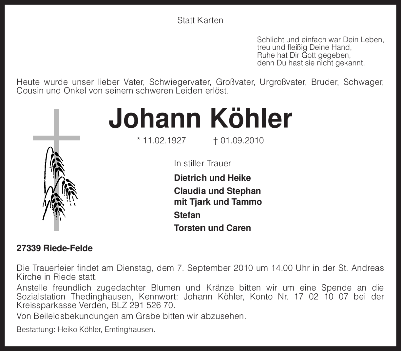  Traueranzeige für Johann Köhler vom 04.09.2010 aus KREISZEITUNG SYKE