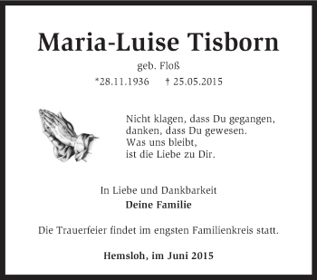 Traueranzeige von Maria-Luise Tisborn von KRZ