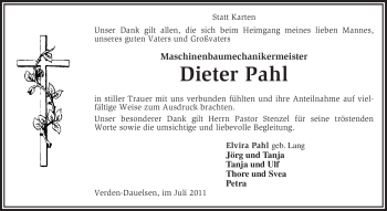 Traueranzeige von Dieter Pahl von KREISZEITUNG SYKE