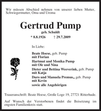 Traueranzeige von Gertrud Pump von KREISZEITUNG SYKE