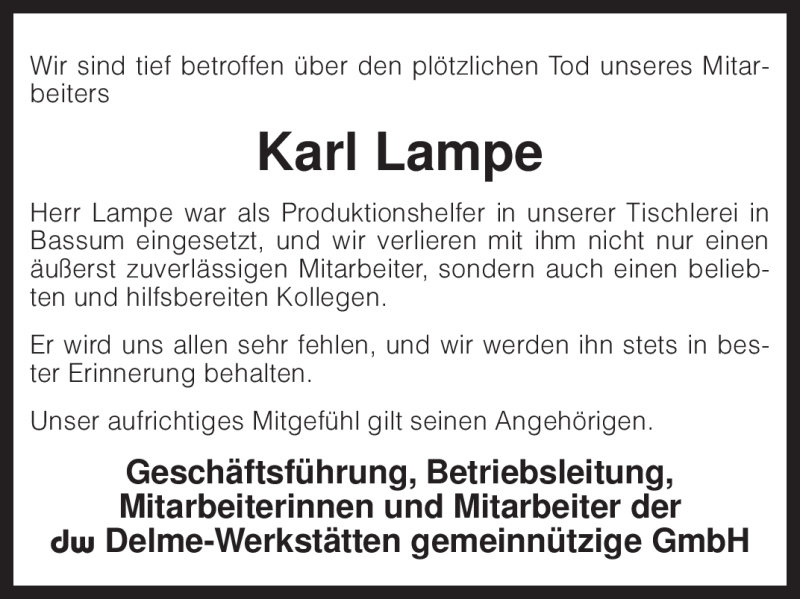  Traueranzeige für Karl Lampe vom 24.11.2009 aus KREISZEITUNG SYKE