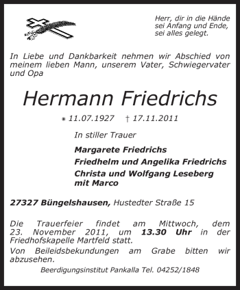 Traueranzeige von Hermann Friedrichs von KREISZEITUNG SYKE