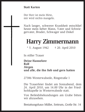 Traueranzeige von Harry Zimmermann von KREISZEITUNG SYKE