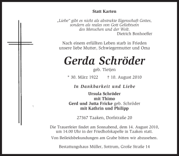 Traueranzeige von Gerda Schröder von KREISZEITUNG SYKE