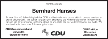 Traueranzeige von Bernhard Hanses von KREISZEITUNG SYKE