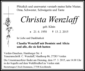 Traueranzeige von Christa Wenzlaff von KRZ