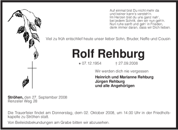 Traueranzeige von Rolf Rehburg von KREISZEITUNG SYKE