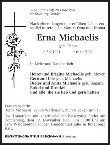 Traueranzeige von Erna Michaelis von KREISZEITUNG SYKE