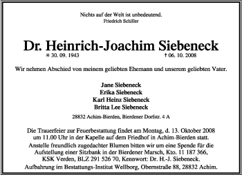 Traueranzeige von Heinrich-Joachim Siebeneck von KREISZEITUNG SYKE