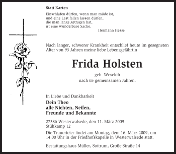 Traueranzeige von Frida Holsten von KREISZEITUNG SYKE