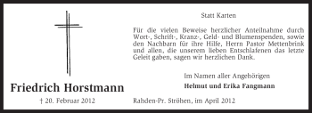 Traueranzeige von Friedrich Horstmann von KREISZEITUNG SYKE