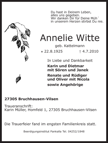 Traueranzeige von Annelie Witte von KREISZEITUNG SYKE