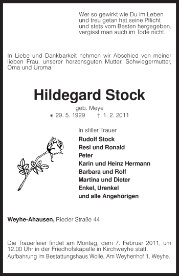 Traueranzeige von Hildegard Stock von KREISZEITUNG SYKE