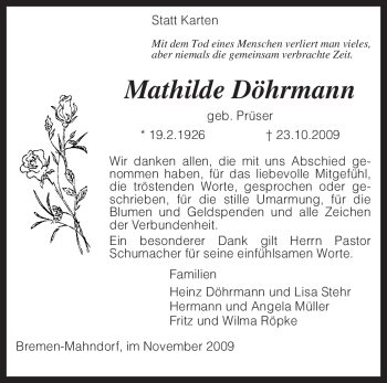 Traueranzeige von Mathilde Döhrmann von KREISZEITUNG SYKE