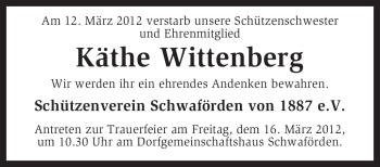 Traueranzeige von Käthe Wittenberg von KREISZEITUNG SYKE