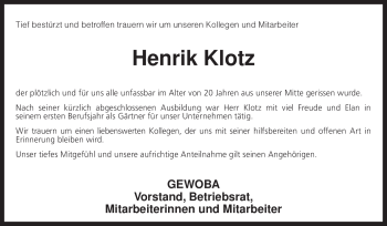 Traueranzeige von Henrik Klotz von KREISZEITUNG SYKE